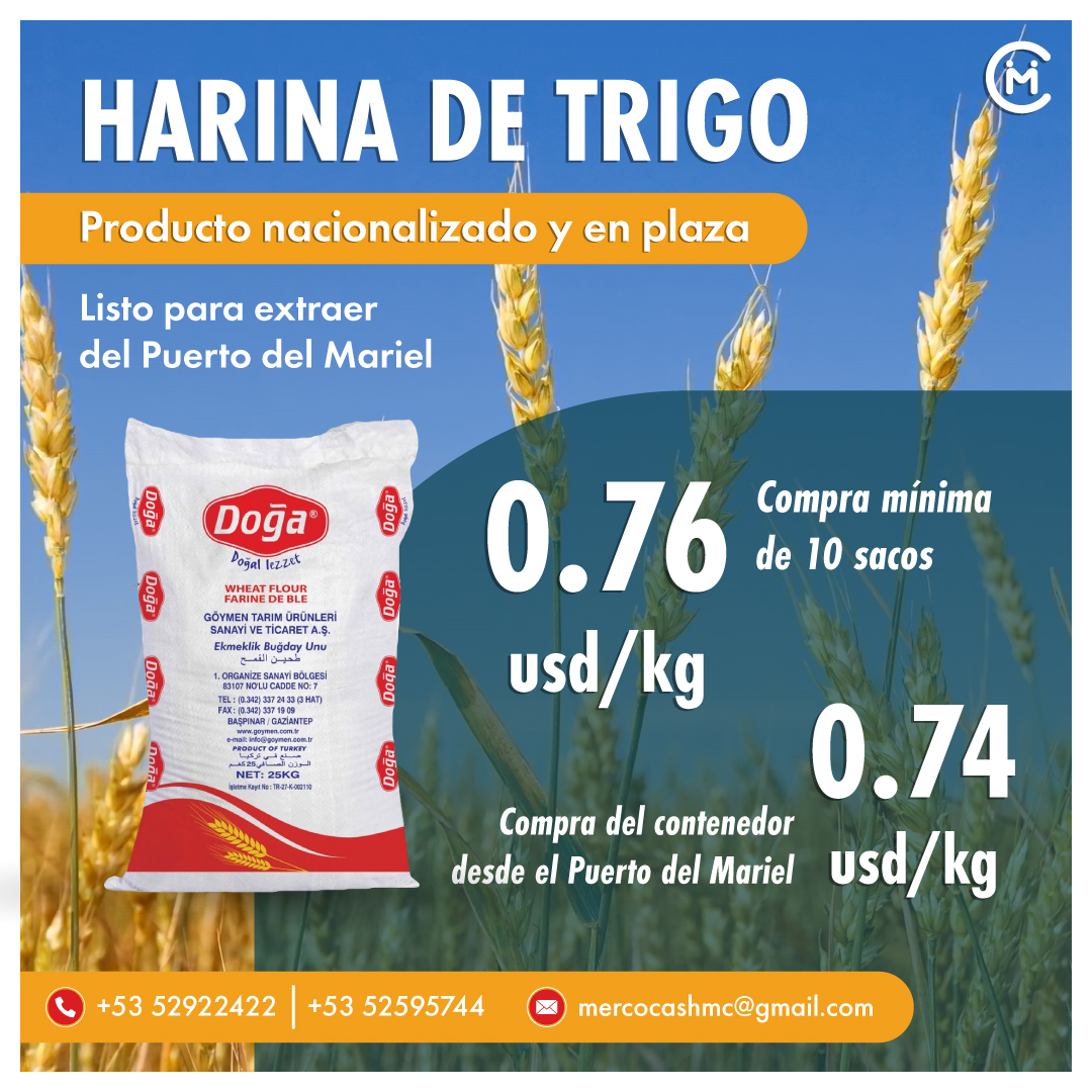 Harina de Trigo (Doga) Saco 25 Kg, 0.67 eur/kg, compra mínima de 1 contenedor, nacionalizado y listo para extraer por el cliente final desde el Puerto del Mariel.